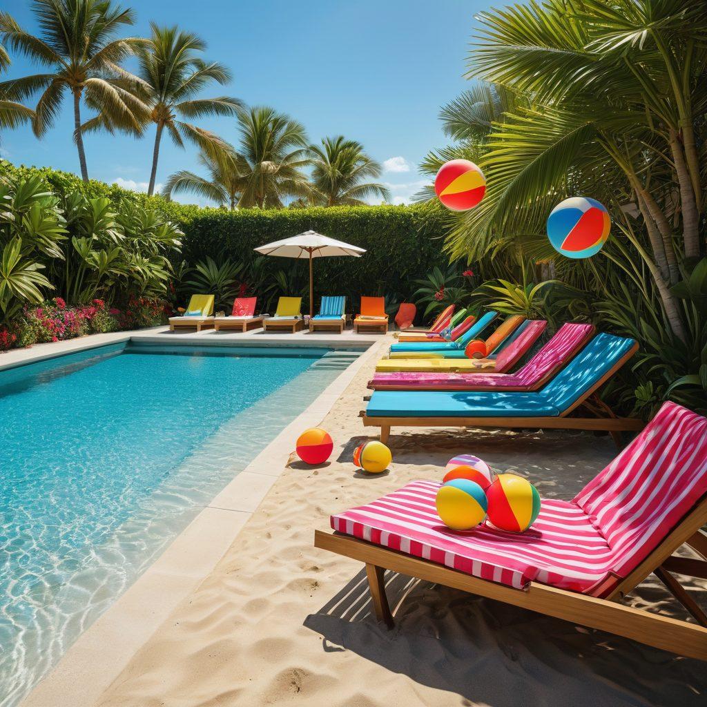 A vibrant summer scene showcasing an array of stylish swimwear options displayed along a luxurious poolside and a scenic beachfront. Brightly colored swimsuits hang on a clothesline, while sun loungers and tropical plants frame the space. In the background, gentle waves lap at the shore under a clear blue sky. Include playful elements like beach balls and sunglasses. super-realistic. vibrant colors. sunny atmosphere.