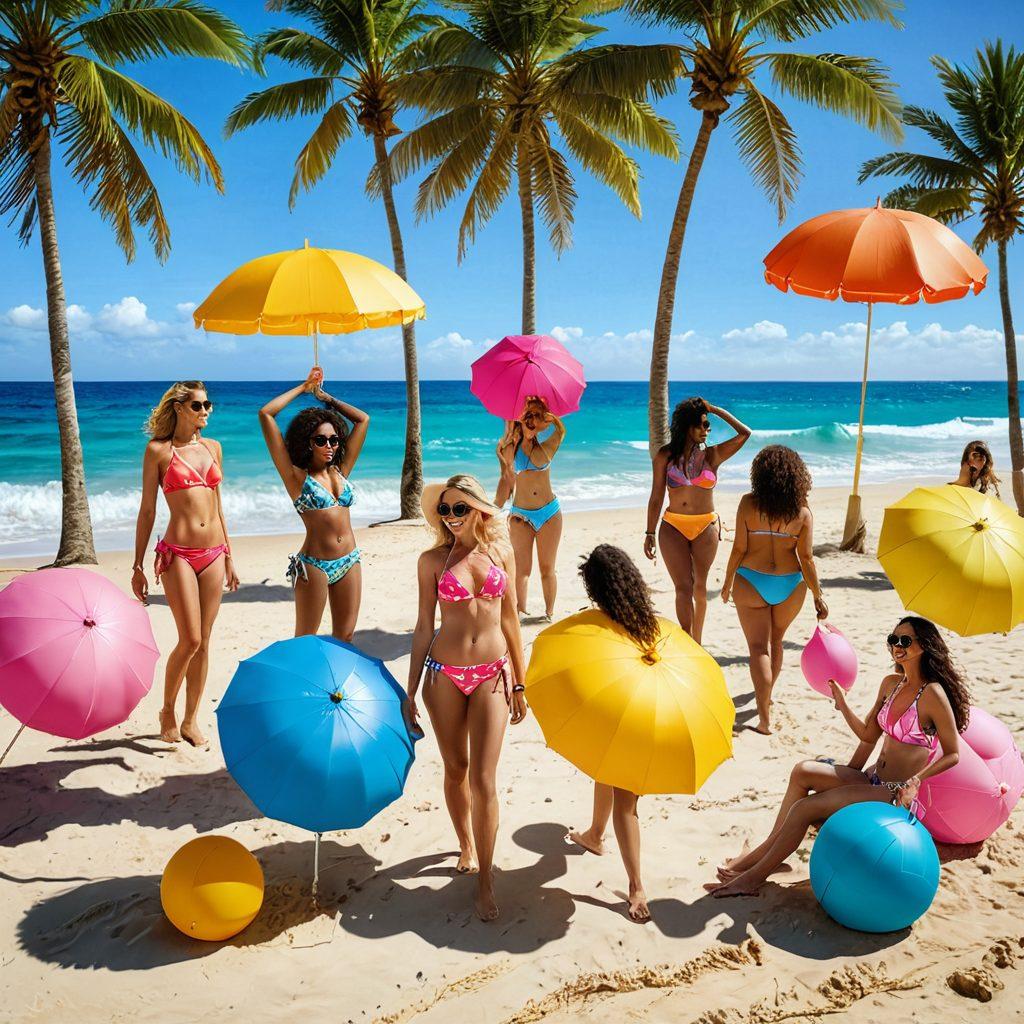 A vibrant beach scene featuring a diverse group of women of different body types confidently showcasing various colorful bikinis on a sunny day. The background includes palm trees, soft waves, and bright umbrellas to create a lively atmosphere. Include playful beach accessories like sunglasses and beach balls to enhance the fun vibe. Capture the essence of summer with bright blues, yellows, and pinks. super-realistic. vibrant colors. tropical setting.